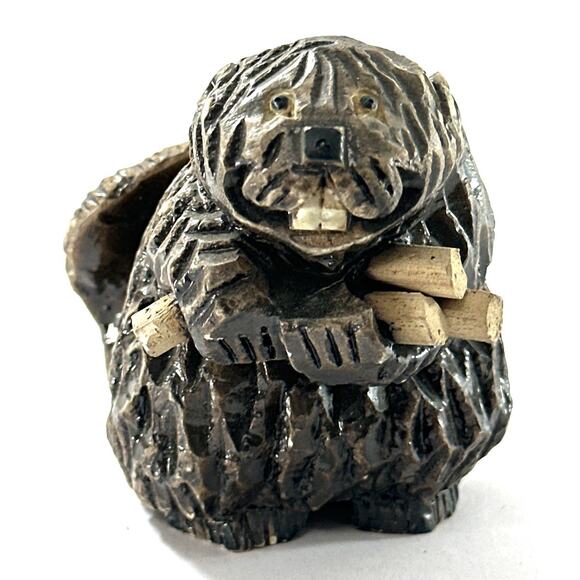 Vintage Artesania Rinconada Beaver Figurine Retired Hand Carved Signed Lt Brown - Picture 1 of 7